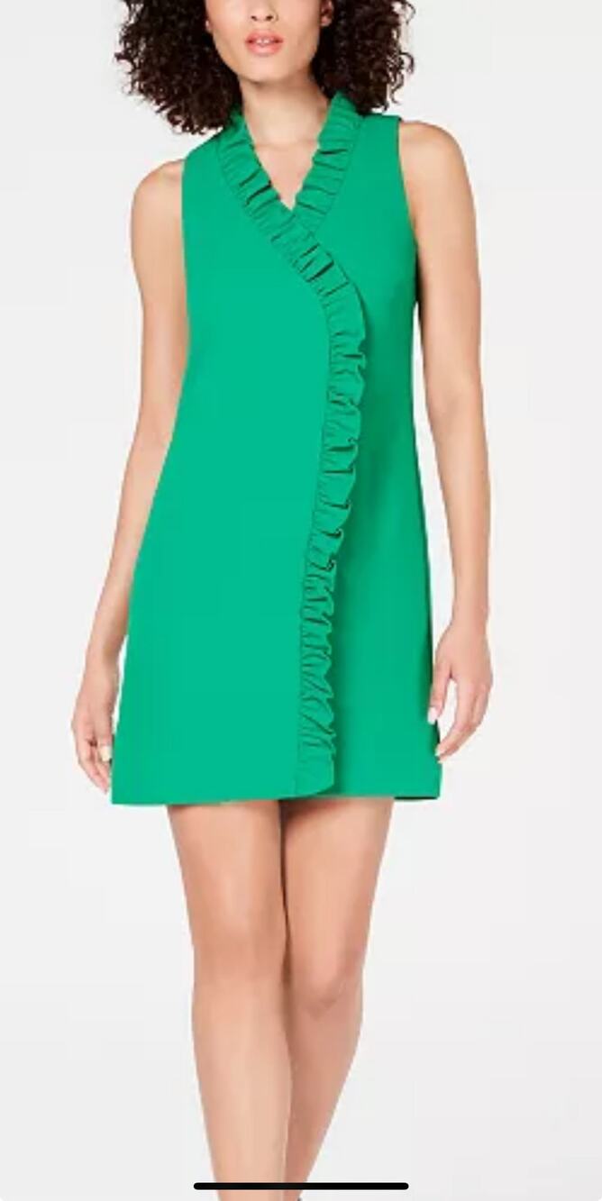 NWT Trina Turk Relaxation Ruffle Faux Wrap Women's Dress 12 Kelly Green Sheath